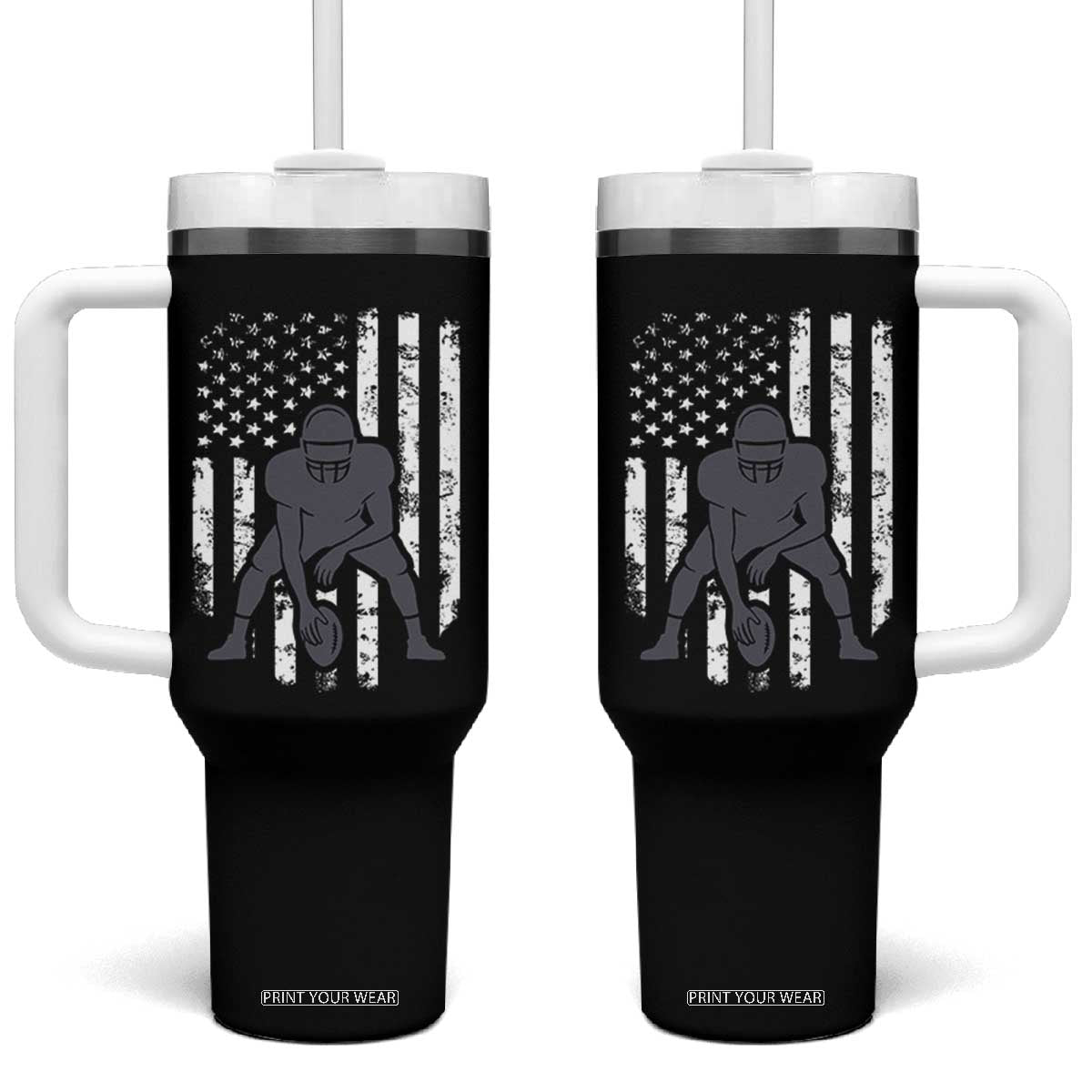 Football Player American Flag Tumbler With Handle Cool Distressed Vintage Patriotic TS10 One Size: 40 oz Black Print Your Wear
