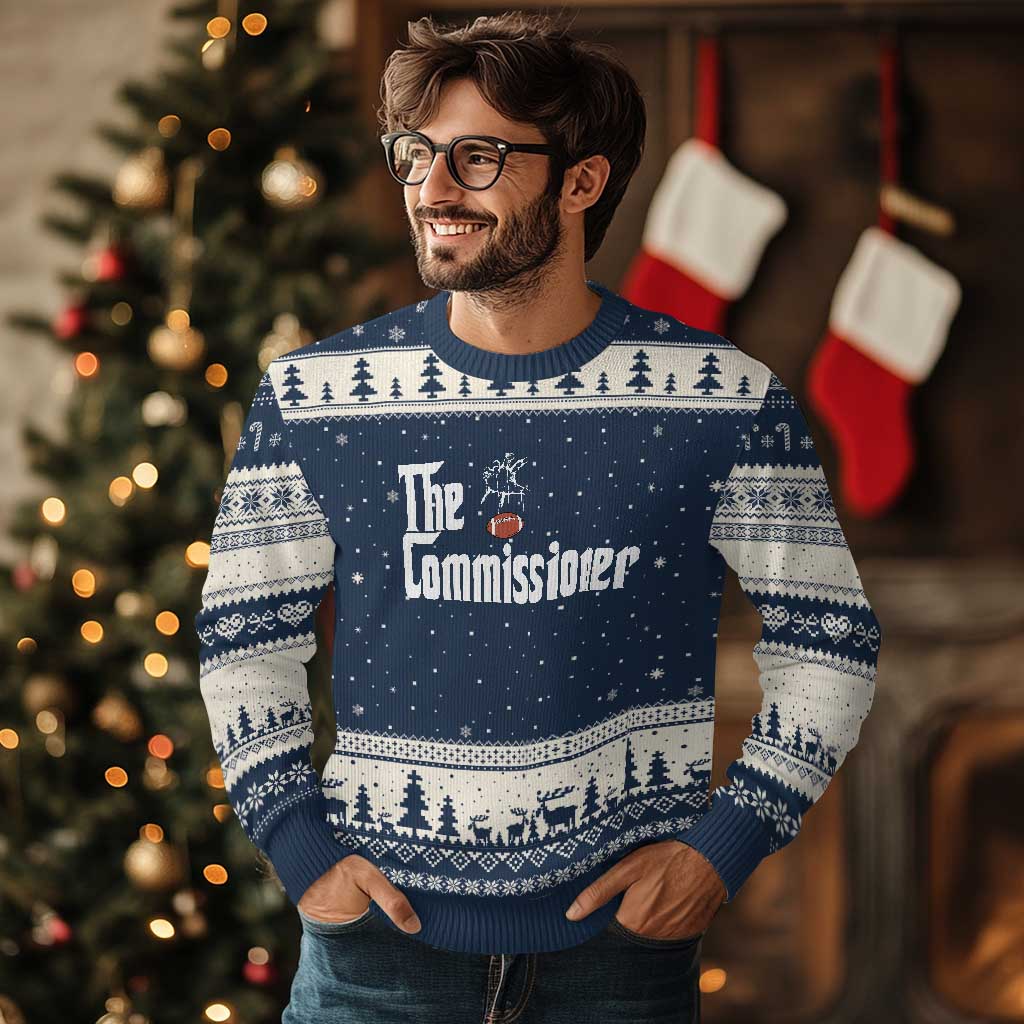 Fantasy Football Commissioner Ugly Christmas Sweater Draft Party Commish FFL TS10 Navy Beige Print Your Wear