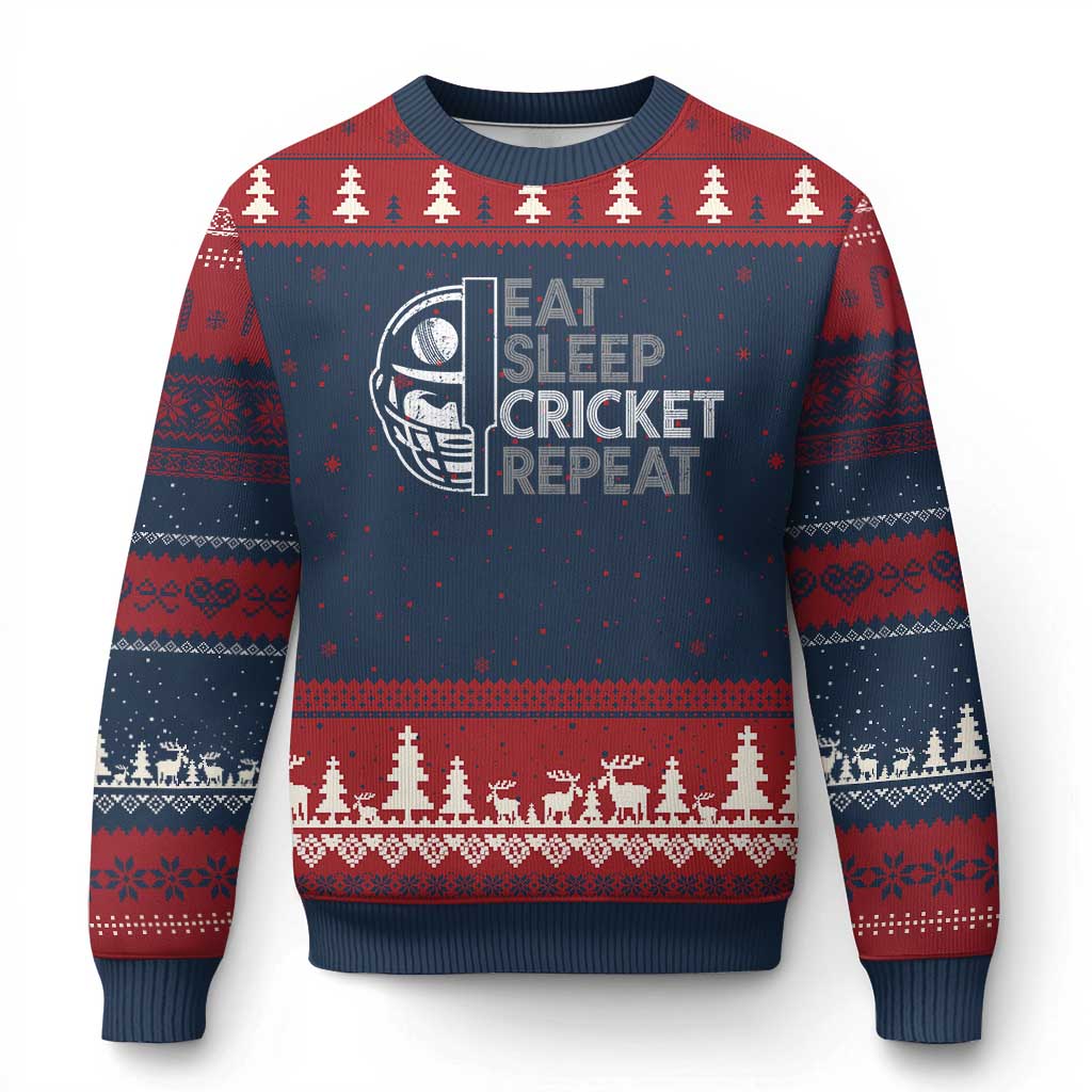 Eat Sleep Cricket Repeat Ugly Christmas Sweater Retro Vintage Cricket Gifts TS10 Navy Red Print Your Wear