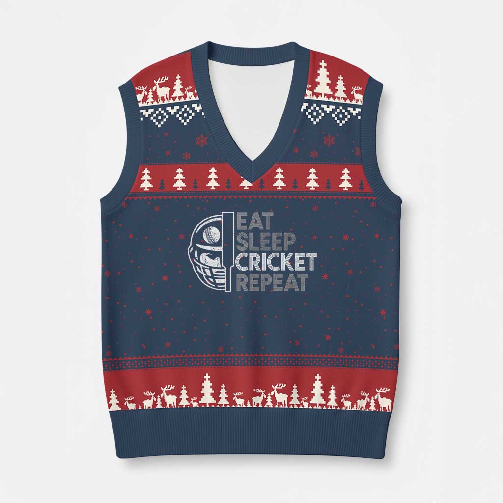 Eat Sleep Cricket Repeat V-Neck Knit Sweater Vest Retro Vintage Cricket Gifts TS10 Navy Red Print Your Wear