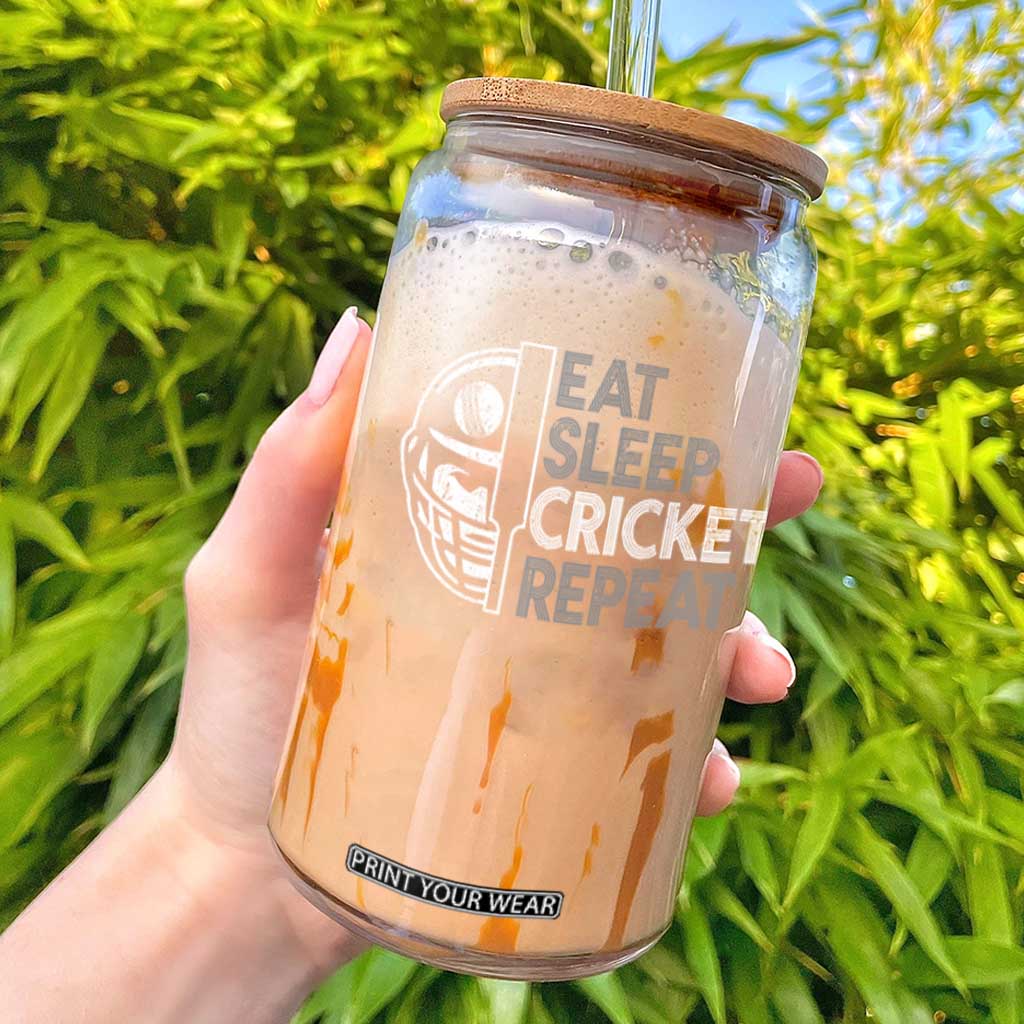 Eat Sleep Cricket Repeat Glass Can Retro Vintage Cricket Gifts TS10 Black Print Your Wear