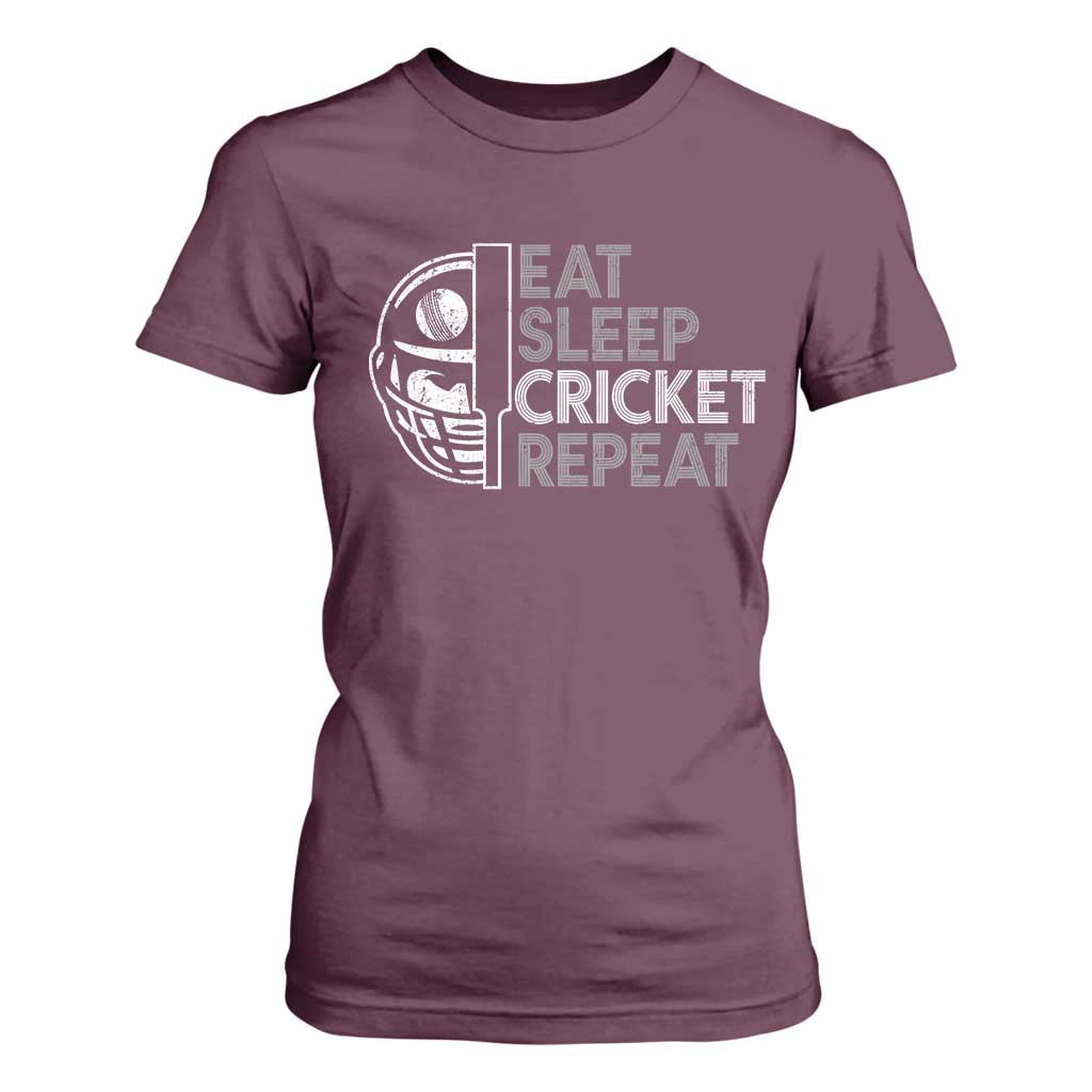 Eat Sleep Cricket Repeat T Shirt For Women Retro Vintage Cricket Gifts TS10 Maroon Print Your Wear
