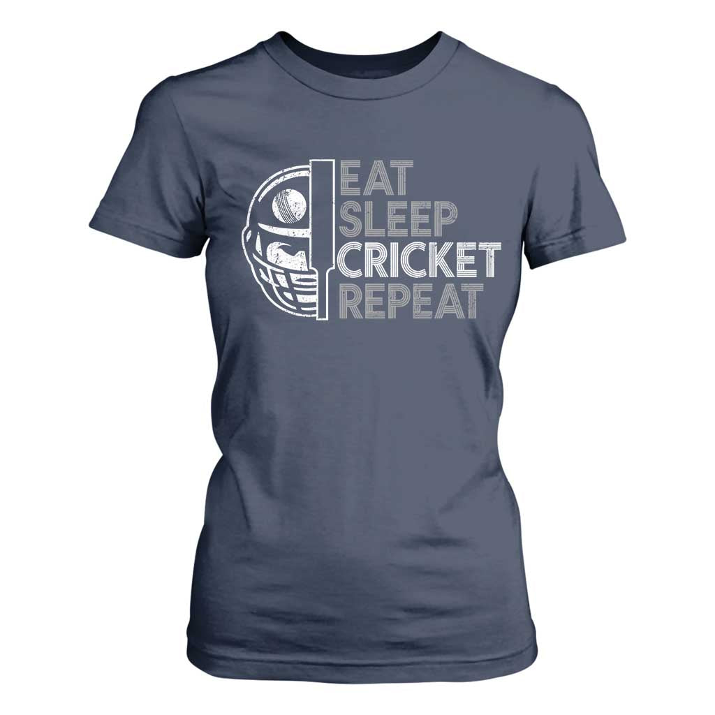 Eat Sleep Cricket Repeat T Shirt For Women Retro Vintage Cricket Gifts TS10 Navy Print Your Wear