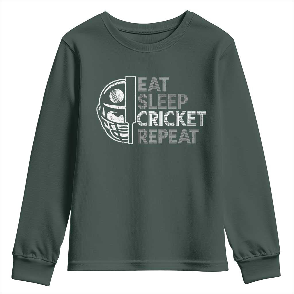 Eat Sleep Cricket Repeat Youth Sweatshirt Retro Vintage Cricket Gifts TS10 Dark Forest Green Print Your Wear