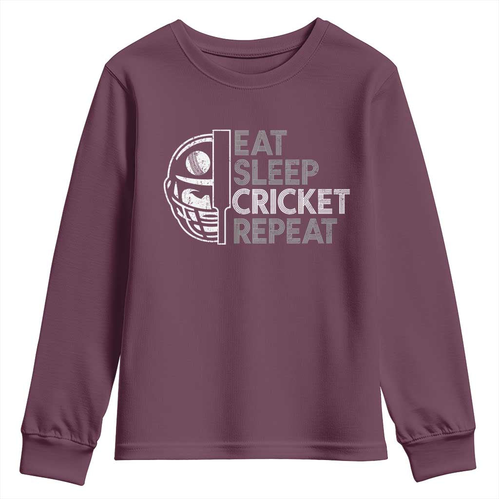 Eat Sleep Cricket Repeat Youth Sweatshirt Retro Vintage Cricket Gifts TS10 Maroon Print Your Wear