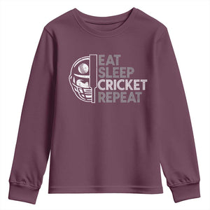 Eat Sleep Cricket Repeat Youth Sweatshirt Retro Vintage Cricket Gifts TS10 Maroon Print Your Wear