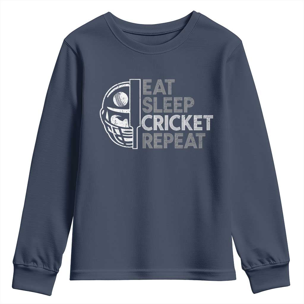 Eat Sleep Cricket Repeat Youth Sweatshirt Retro Vintage Cricket Gifts TS10 Navy Print Your Wear