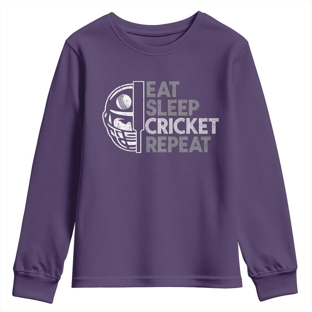 Eat Sleep Cricket Repeat Youth Sweatshirt Retro Vintage Cricket Gifts TS10 Purple Print Your Wear