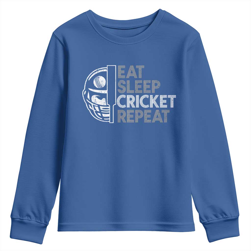 Eat Sleep Cricket Repeat Youth Sweatshirt Retro Vintage Cricket Gifts TS10 Royal Blue Print Your Wear