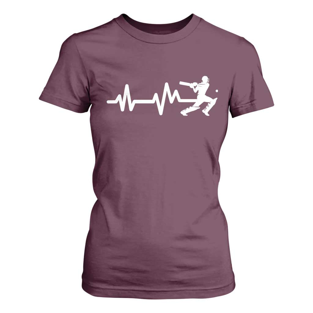 Cricket Player T Shirt For Women Cricket Heartbeat Batsman TS10 Maroon Print Your Wear