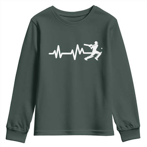 Cricket Player Youth Sweatshirt Cricket Heartbeat Batsman TS10 Dark Forest Green Print Your Wear