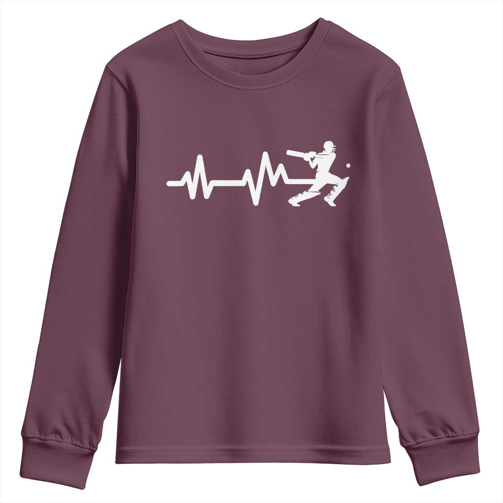 Cricket Player Youth Sweatshirt Cricket Heartbeat Batsman TS10 Maroon Print Your Wear