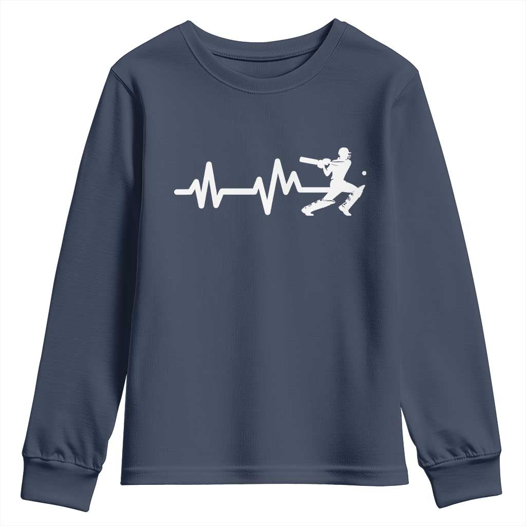 Cricket Player Youth Sweatshirt Cricket Heartbeat Batsman TS10 Navy Print Your Wear