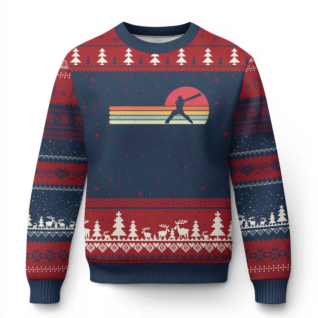 Retro Cricket Player Ugly Christmas Sweater Retro Vintage Sport Batsman Cricket Gifts TS10 Navy Red Print Your Wear