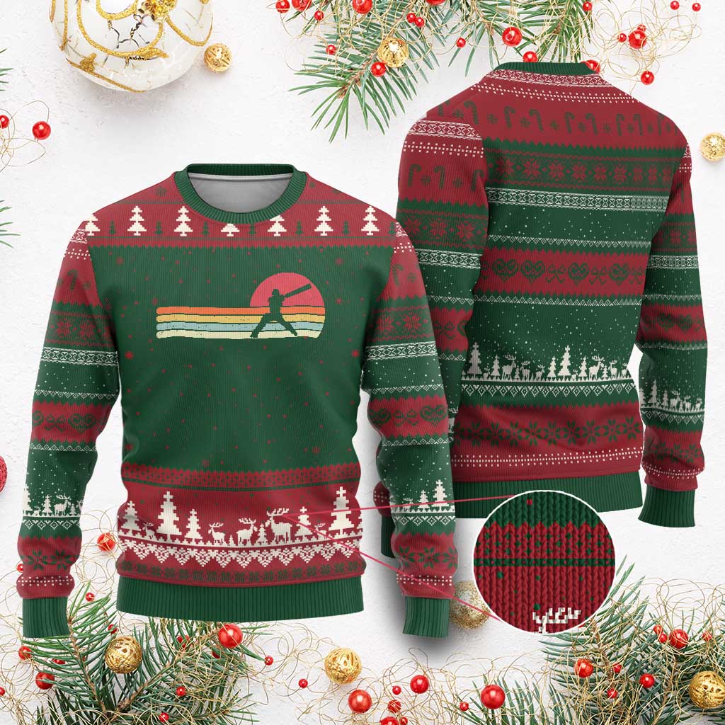 Retro Cricket Player Ugly Christmas Sweater Retro Vintage Sport Batsman Cricket Gifts TS10 Red Green Print Your Wear