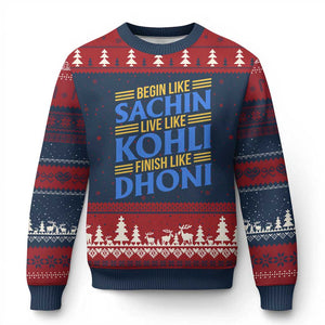 Indian Cricket Ugly Christmas Sweater Begin Like Sachin Live Like Kohli Finish Like Dhoni TS10 Navy Red Print Your Wear