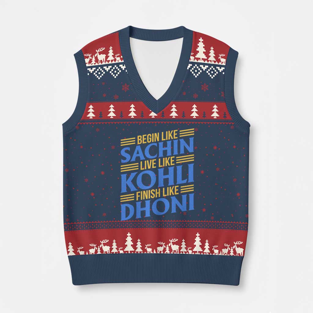 Indian Cricket V-Neck Knit Sweater Vest Begin Like Sachin Live Like Kohli Finish Like Dhoni TS10 Navy Red Print Your Wear
