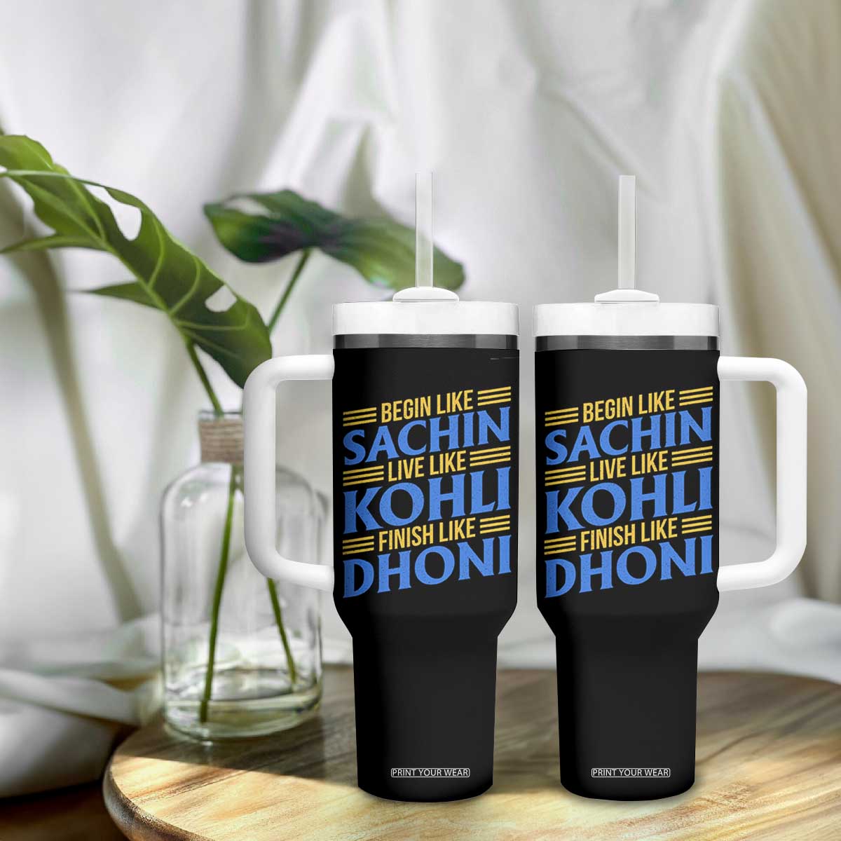 Indian Cricket Tumbler With Handle Begin Like Sachin Live Like Kohli Finish Like Dhoni TS10 Print Your Wear