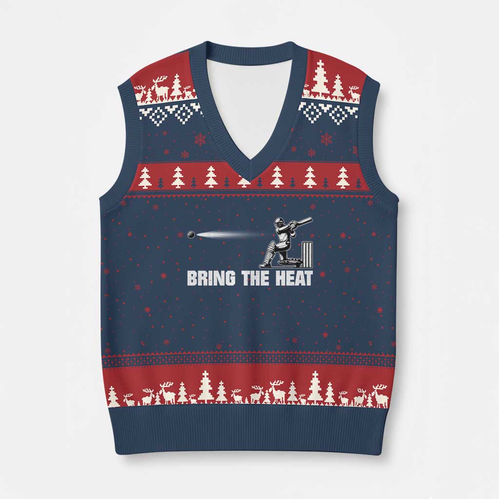 Cricket Player V-Neck Knit Sweater Vest Bring The Heat Batting TS10 Navy Red Print Your Wear