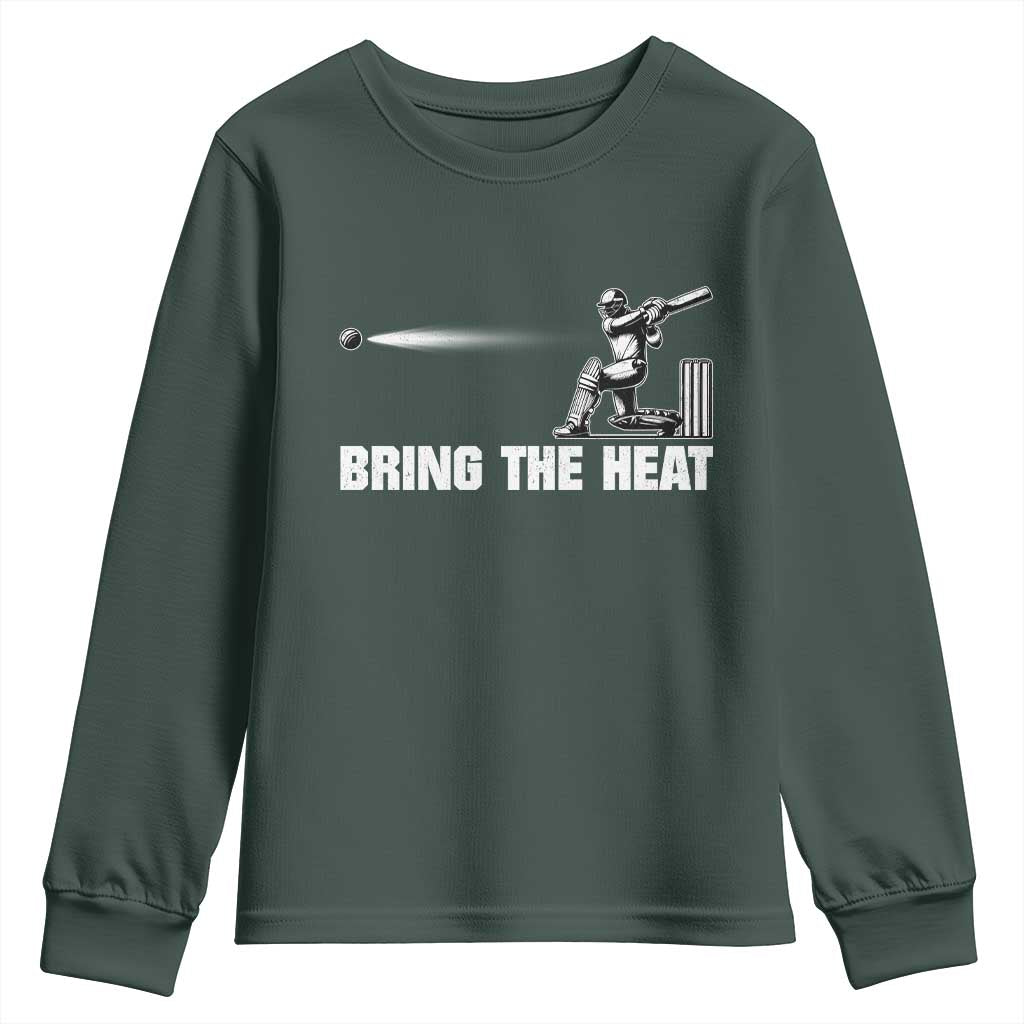 Cricket Player Youth Sweatshirt Bring The Heat Batting TS10 Dark Forest Green Print Your Wear