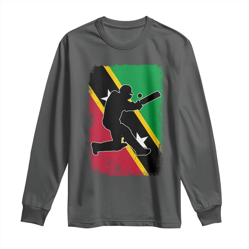 Saint Kitts and Nevis Cricket Long Sleeve Shirt Retro Vintage Sport Kittitian Flag West Indies Cricket Fan TS10 Dark Heather Print Your Wear