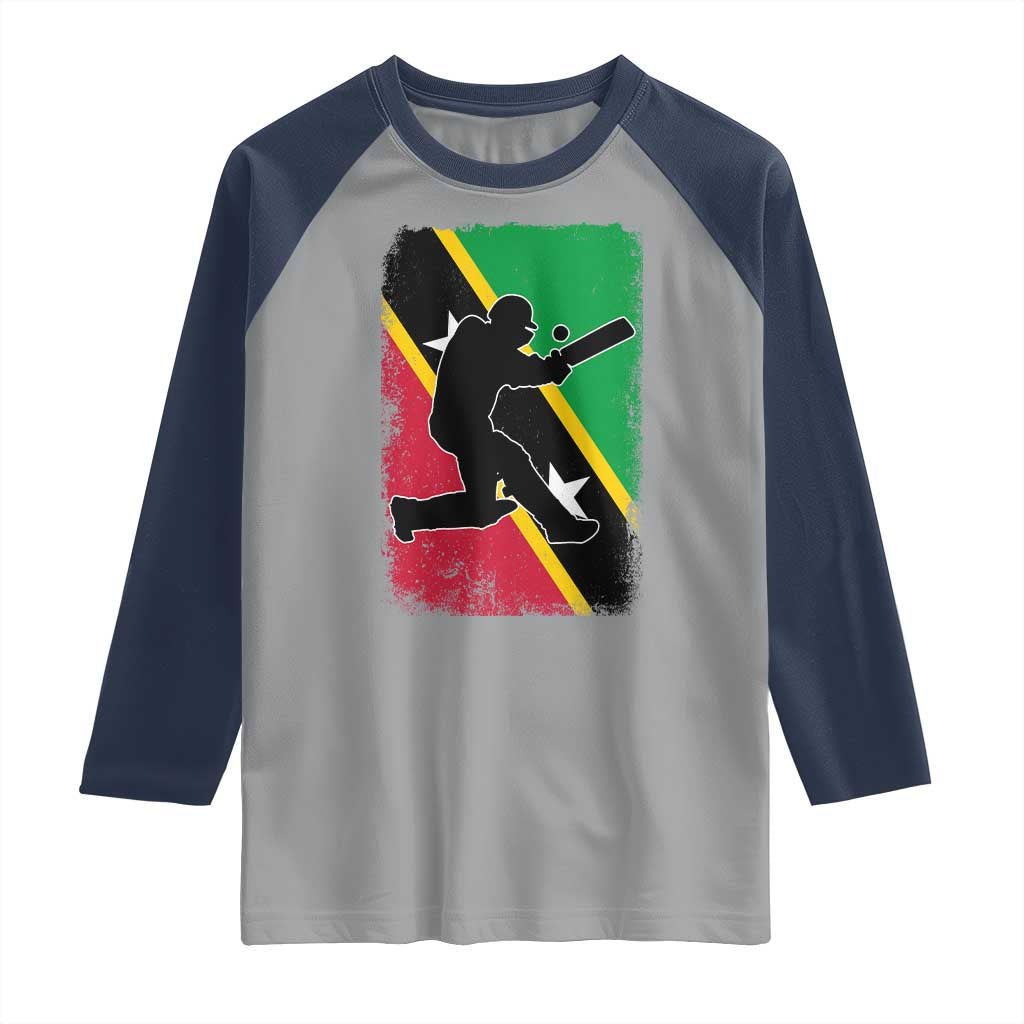 Saint Kitts and Nevis Cricket Raglan Shirt Retro Vintage Sport Kittitian Flag West Indies Cricket Fan TS10 Sport Gray Navy Print Your Wear