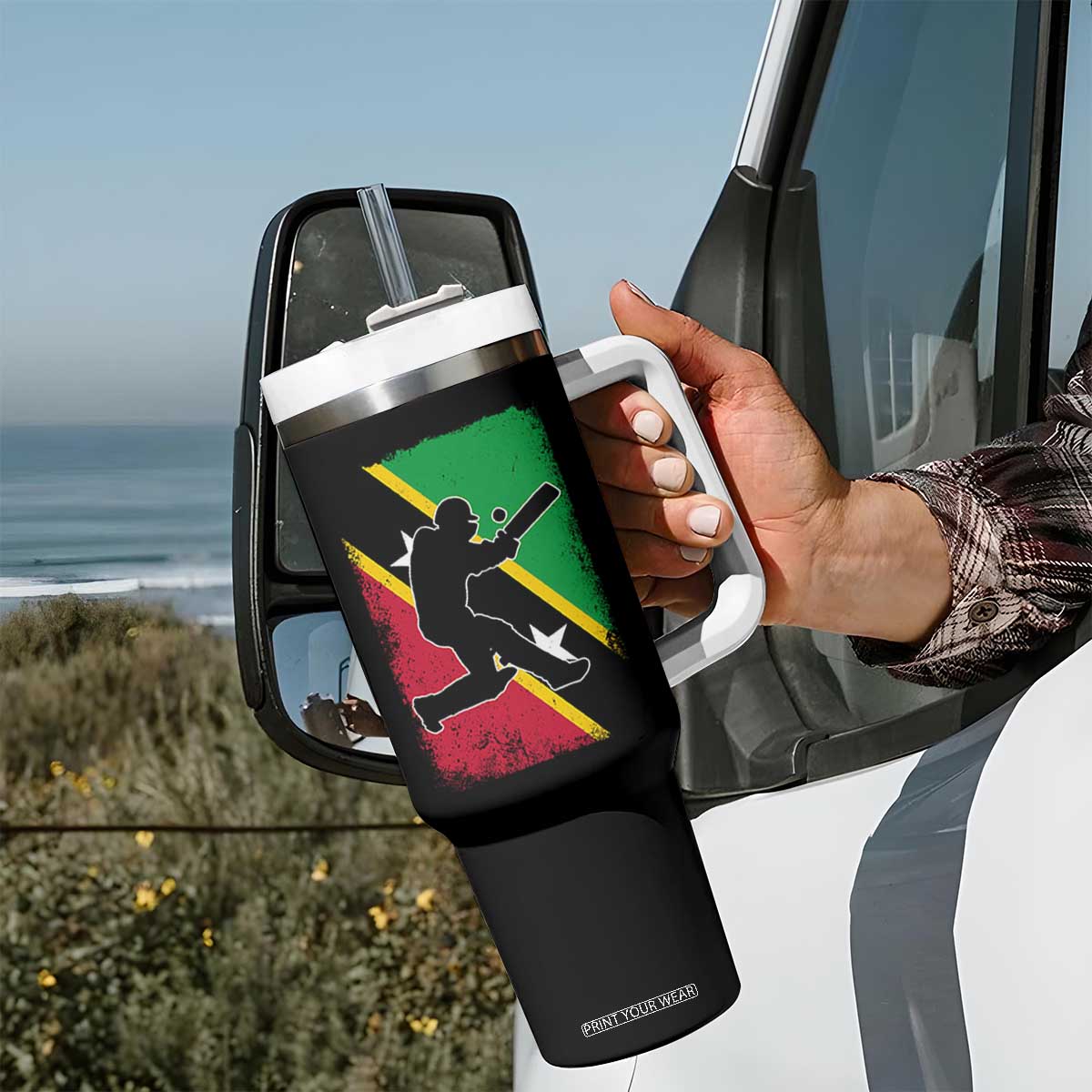 Saint Kitts and Nevis Cricket Tumbler With Handle Retro Vintage Sport Kittitian Flag West Indies Cricket Fan TS10 Print Your Wear