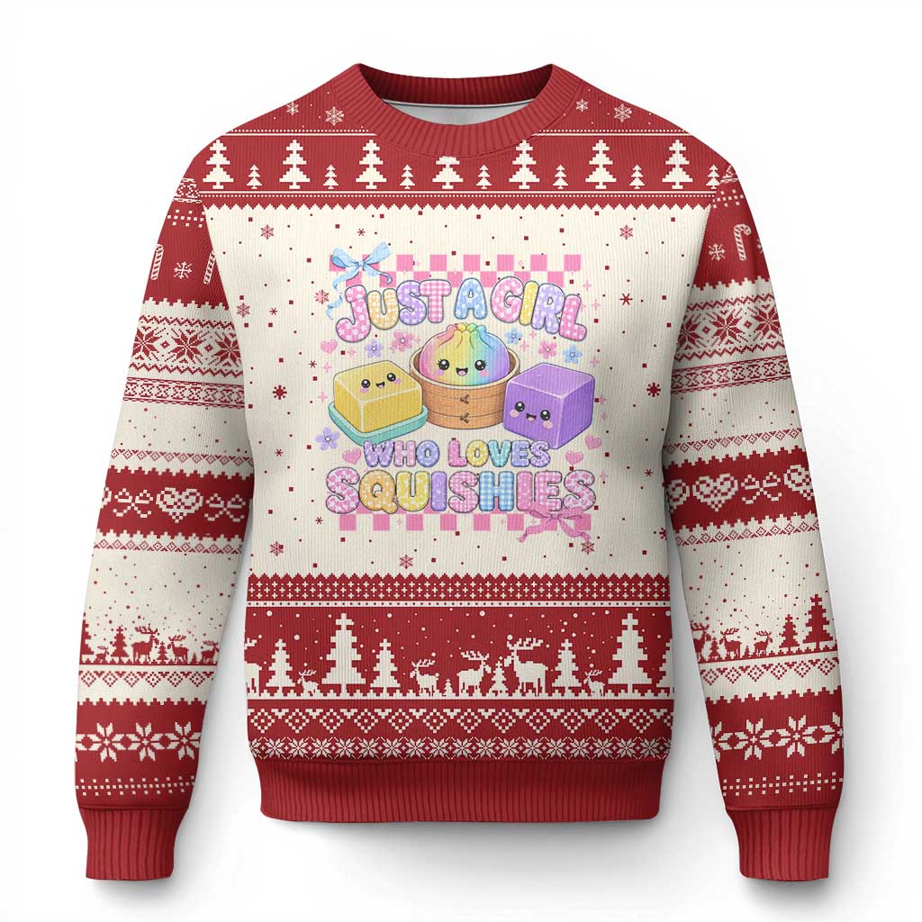Just A Girl Who Loves Squishies Ugly Christmas Sweater Cute Kawaii Dumpling Graphic Coquette Bow Girls TS10 Beige Red Print Your Wear
