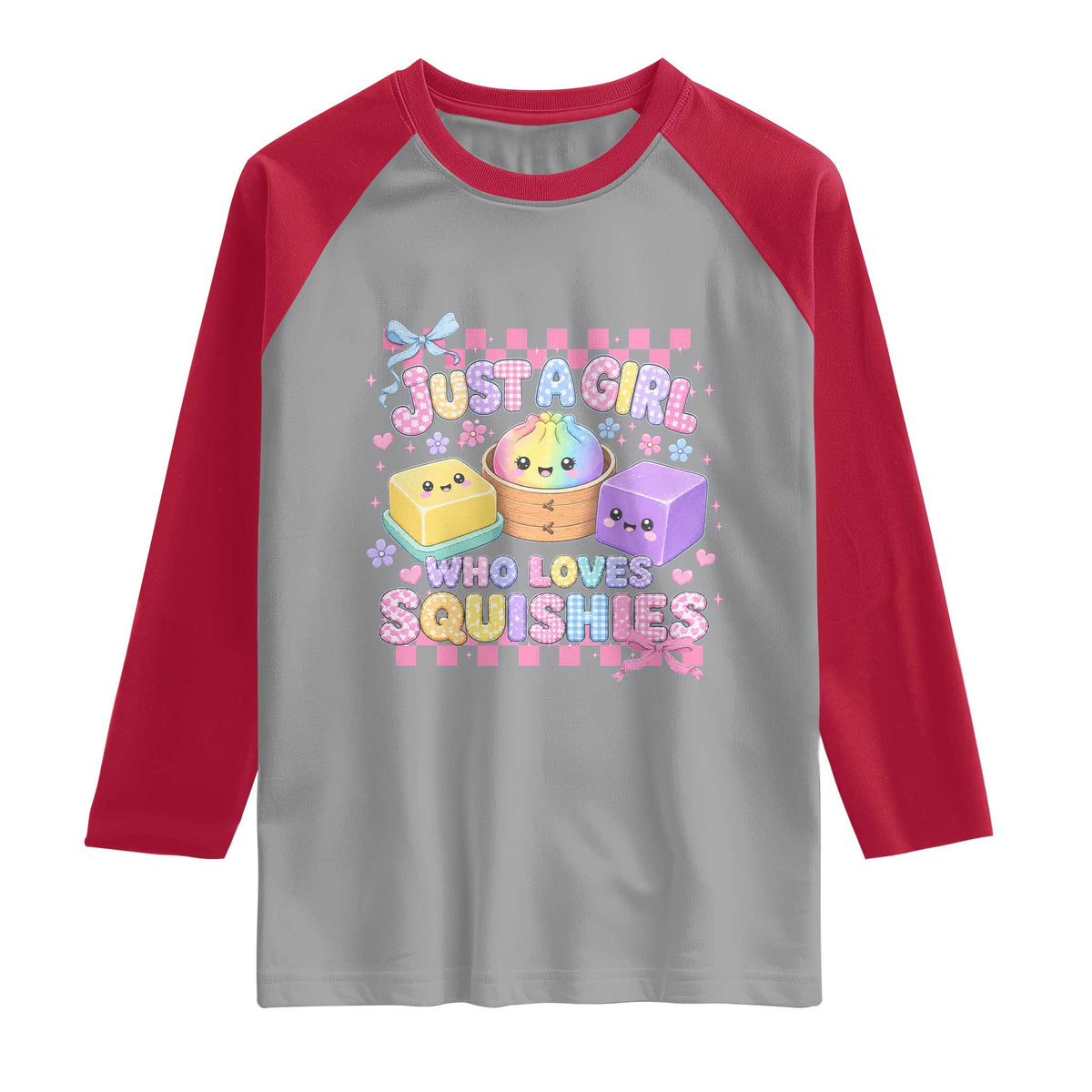Just A Girl Who Loves Squishies Raglan Shirt Cute Kawaii Dumpling Graphic Coquette Bow Girls