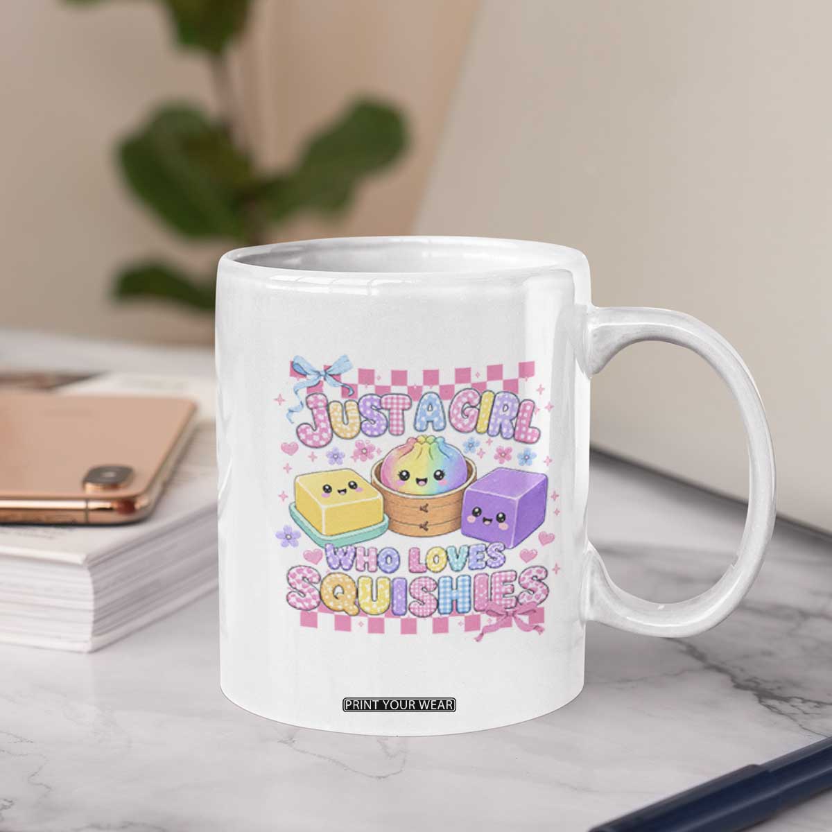 Just A Girl Who Loves Squishies Coffee Mug Cute Kawaii Dumpling Graphic Coquette Bow Girls