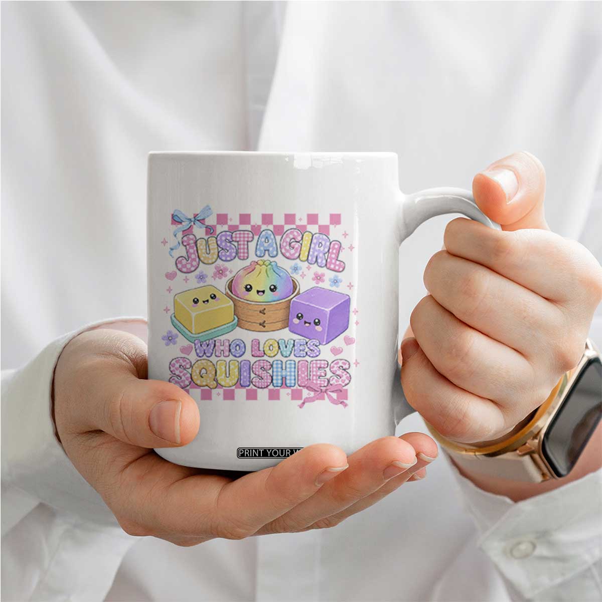 Just A Girl Who Loves Squishies Coffee Mug Cute Kawaii Dumpling Graphic Coquette Bow Girls
