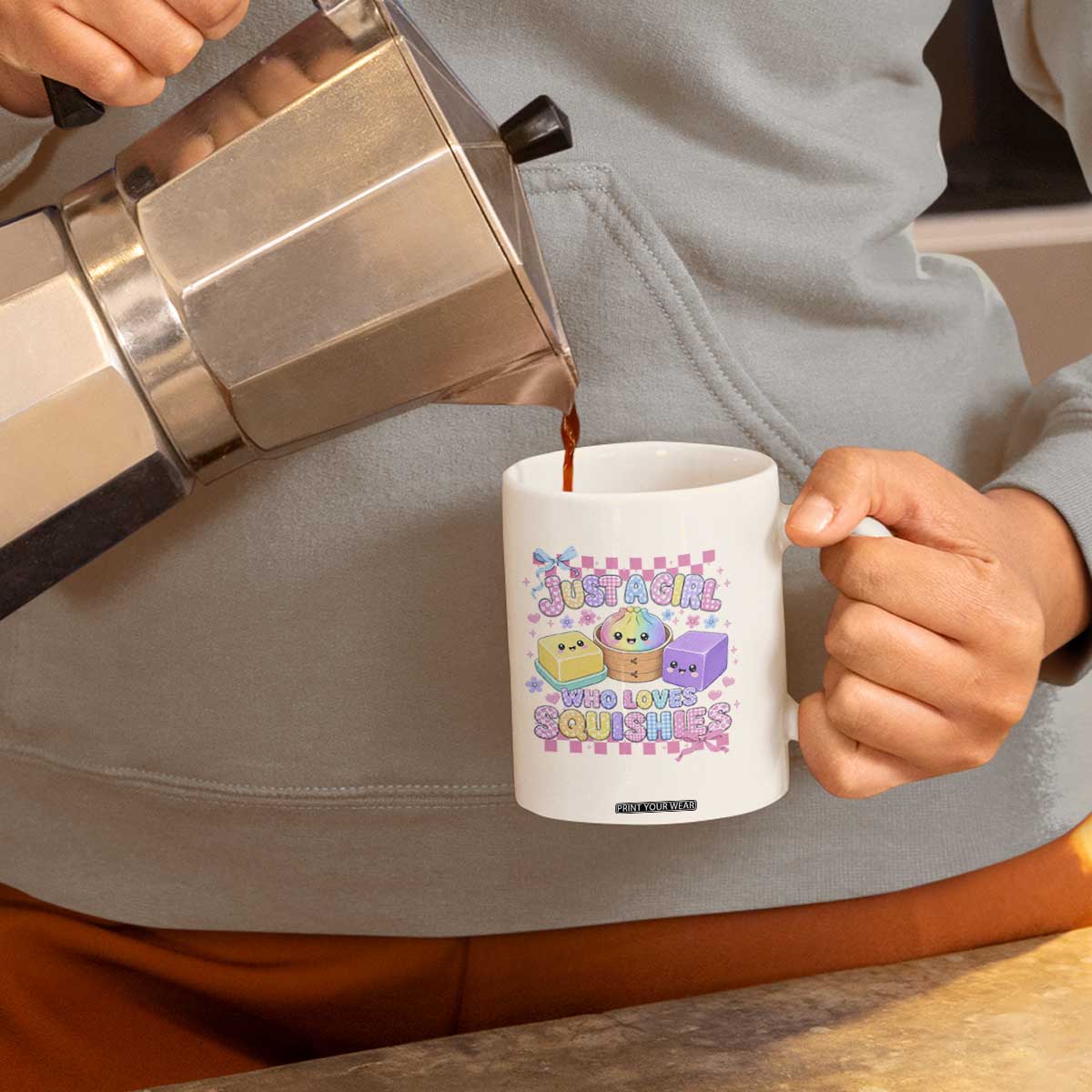 Just A Girl Who Loves Squishies Coffee Mug Cute Kawaii Dumpling Graphic Coquette Bow Girls