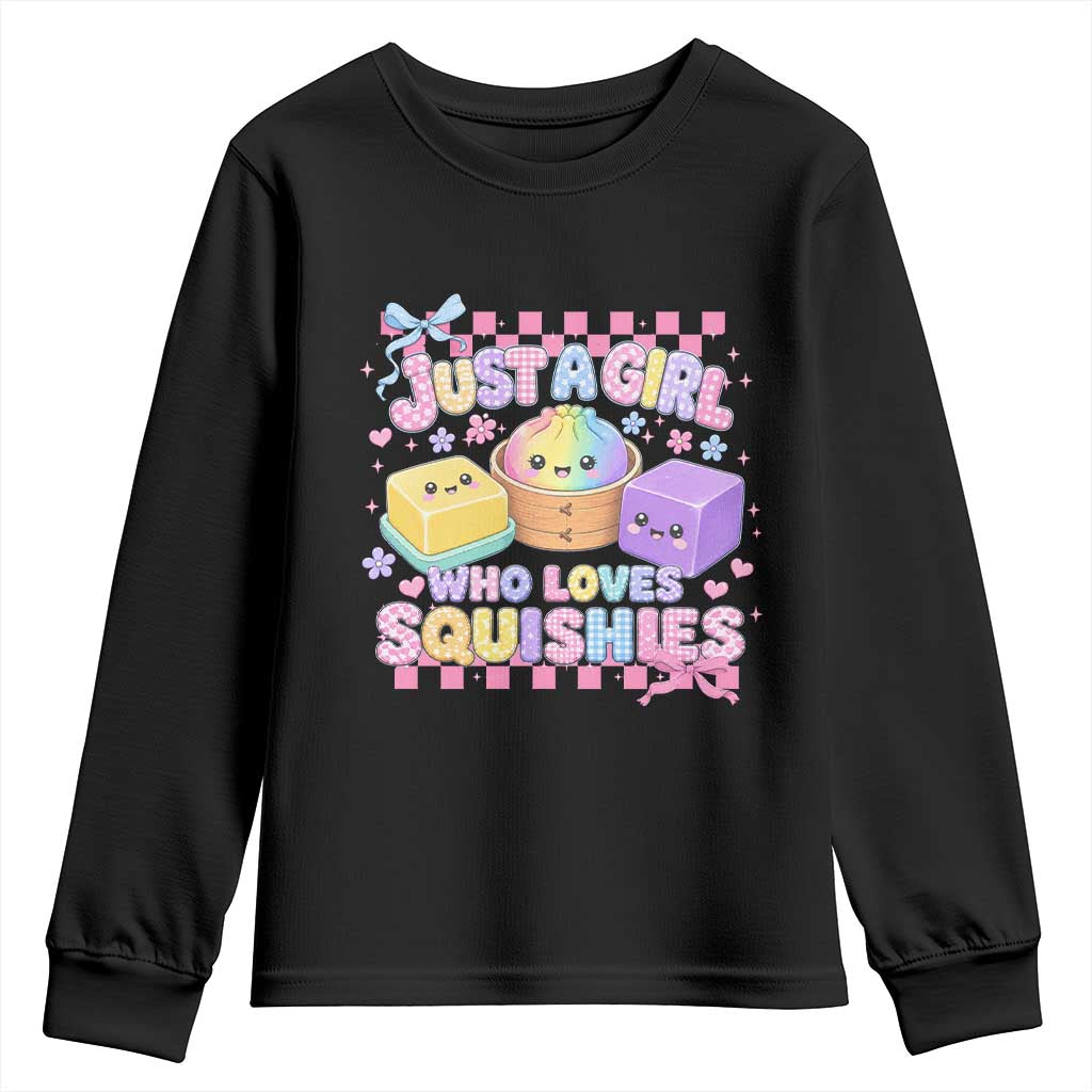 Just A Girl Who Loves Squishies Youth Sweatshirt Cute Kawaii Dumpling Graphic Coquette Bow Girls