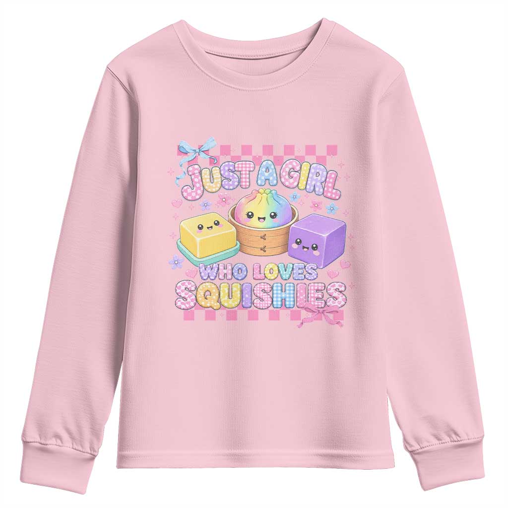 Just A Girl Who Loves Squishies Youth Sweatshirt Cute Kawaii Dumpling Graphic Coquette Bow Girls
