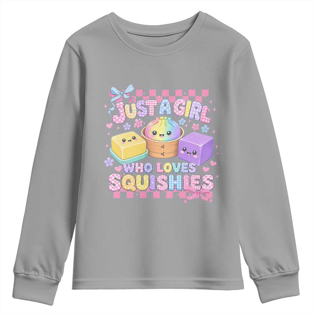 Just A Girl Who Loves Squishies Youth Sweatshirt Cute Kawaii Dumpling Graphic Coquette Bow Girls
