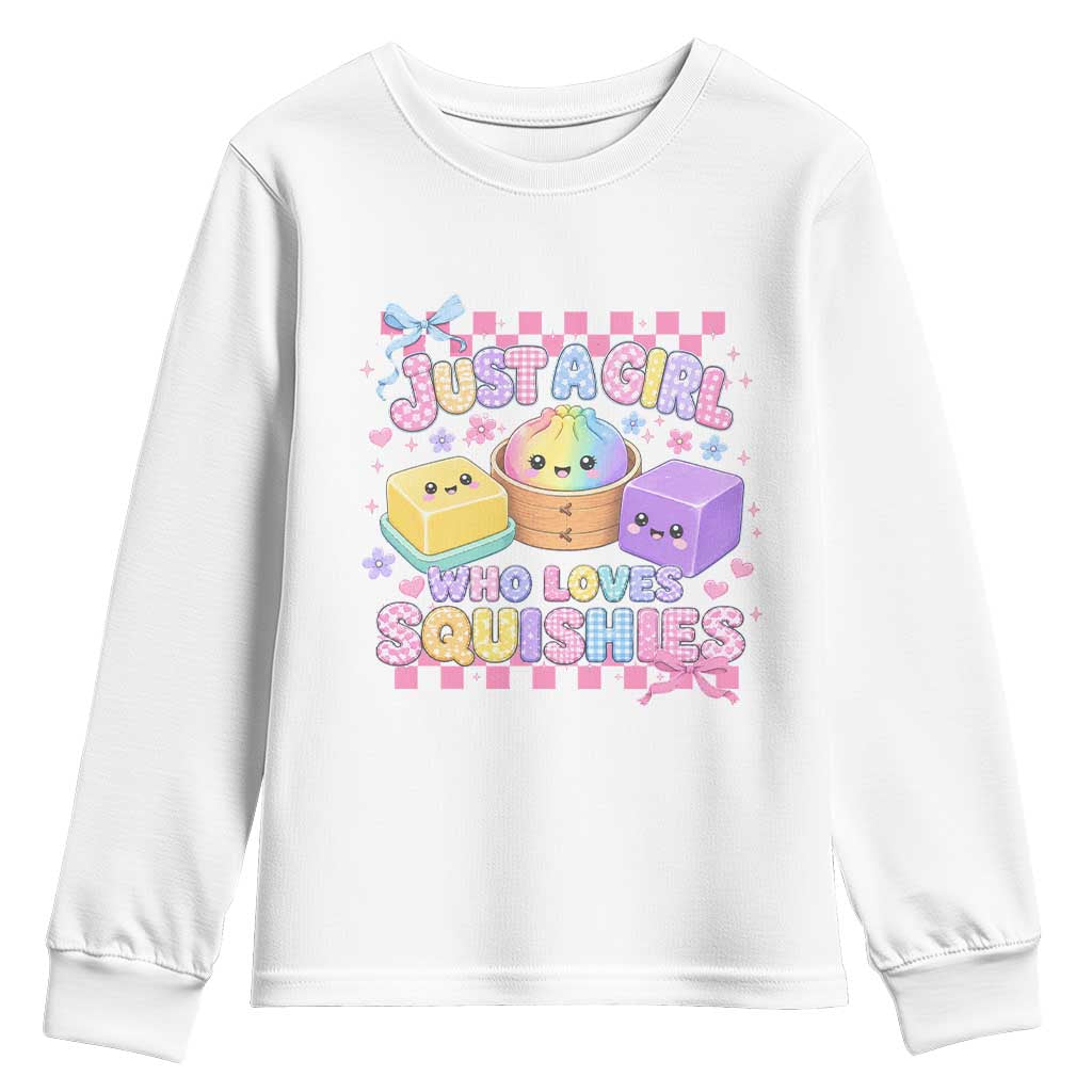 Just A Girl Who Loves Squishies Youth Sweatshirt Cute Kawaii Dumpling Graphic Coquette Bow Girls