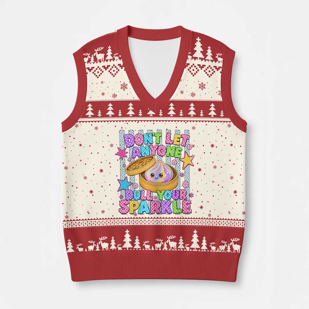 Squishy Lovers V-Neck Knit Sweater Vest Dont Let Anyone Dull Your Sparkle Cute Rainbow Dumpling Graphic TS10 Beige Red Print Your Wear