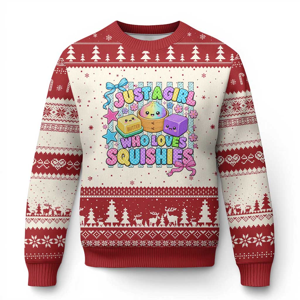 Just A Girl Who Loves Squishies Ugly Christmas Sweater Cute Butter Dumpling Graphic Coquette Bow Girls TS10 Beige Red Print Your Wear