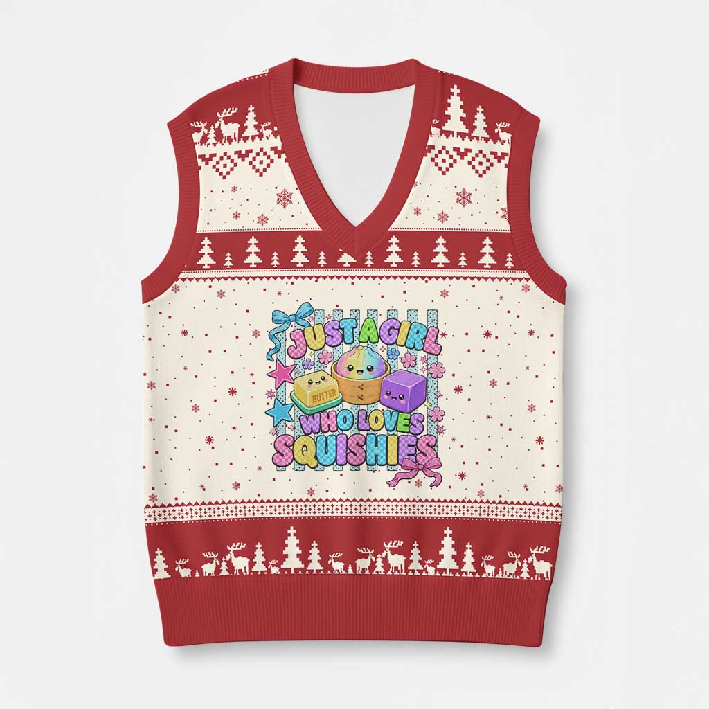 Just A Girl Who Loves Squishies V-Neck Knit Sweater Vest Cute Butter Dumpling Graphic Coquette Bow Girls