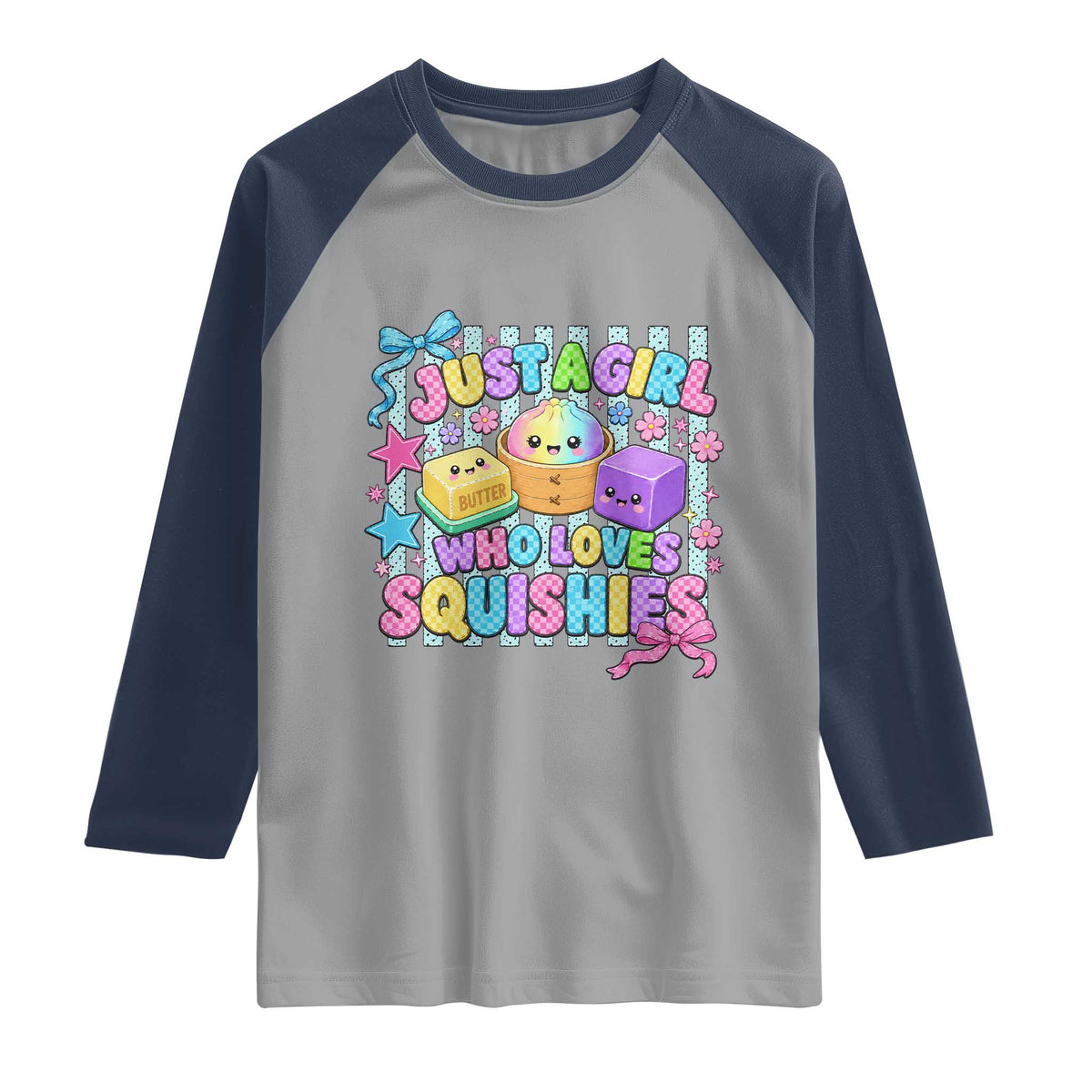 Just A Girl Who Loves Squishies Raglan Shirt Cute Butter Dumpling Graphic Coquette Bow Girls