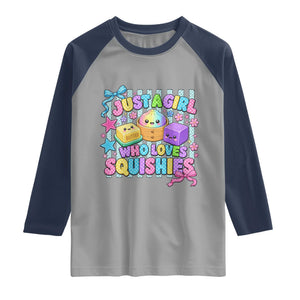 Just A Girl Who Loves Squishies Raglan Shirt Cute Butter Dumpling Graphic Coquette Bow Girls