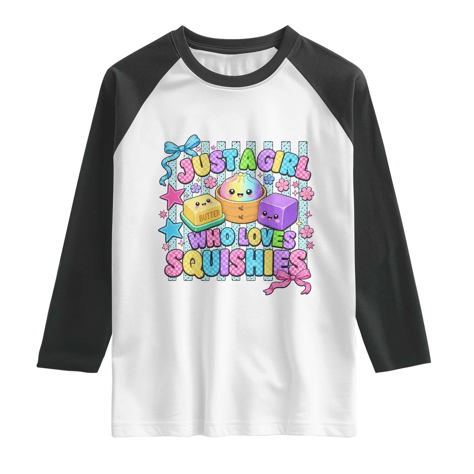 Just A Girl Who Loves Squishies Raglan Shirt Cute Butter Dumpling Graphic Coquette Bow Girls TS10 White Black Print Your Wear