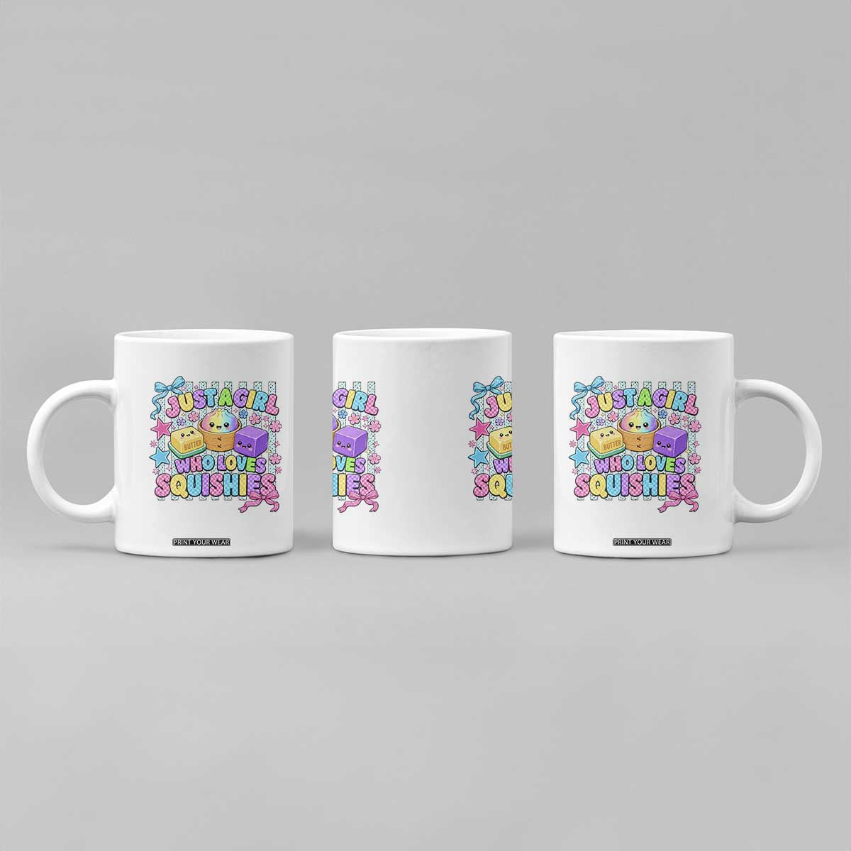 Just A Girl Who Loves Squishies Coffee Mug Cute Butter Dumpling Graphic Coquette Bow Girls