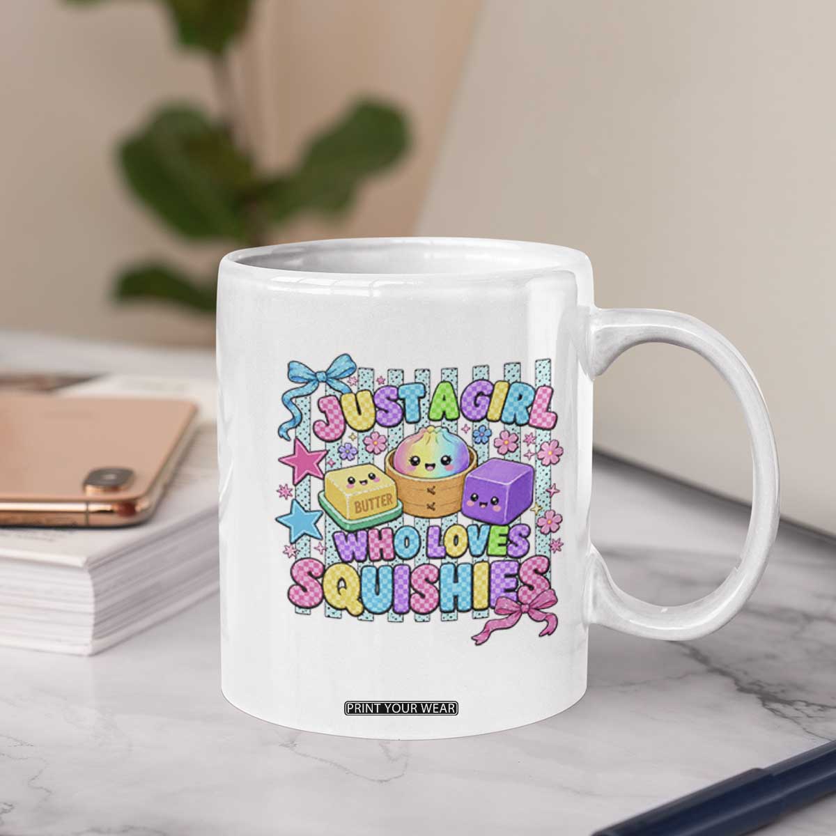 Just A Girl Who Loves Squishies Coffee Mug Cute Butter Dumpling Graphic Coquette Bow Girls