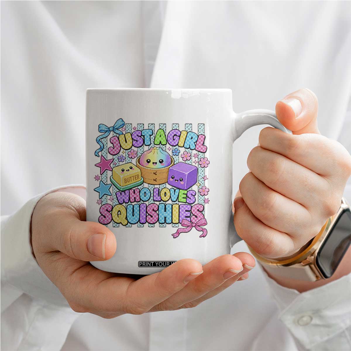Just A Girl Who Loves Squishies Coffee Mug Cute Butter Dumpling Graphic Coquette Bow Girls