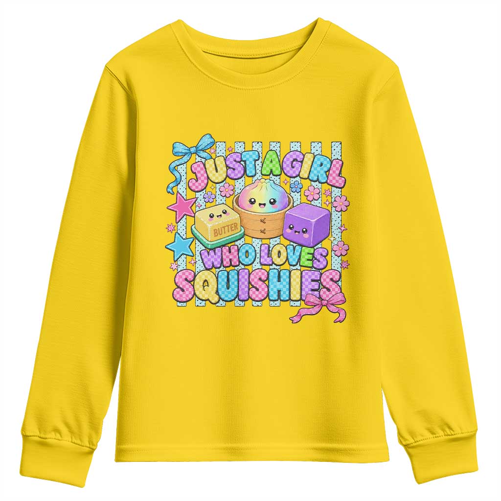 Just A Girl Who Loves Squishies Youth Sweatshirt Cute Butter Dumpling Graphic Coquette Bow Girls