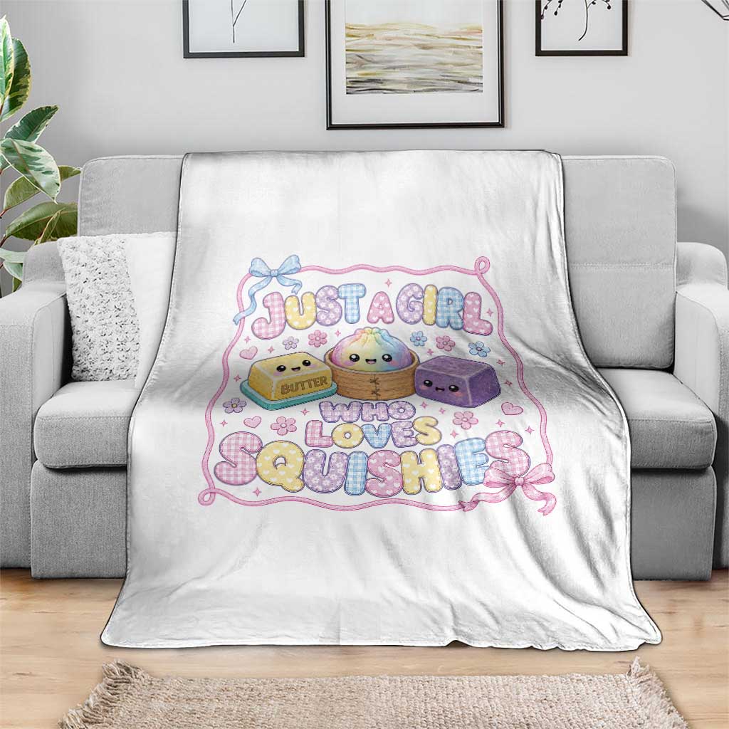 Just A Girl Who Loves Squishies Throw Blanket Squishy Lovers Kawaii Dumpling Graphic Coquette Bow Girls