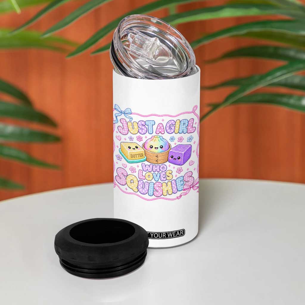 Just A Girl Who Loves Squishies 4 in 1 Can Cooler Tumbler Squishy Lovers Kawaii Dumpling Graphic Coquette Bow Girls