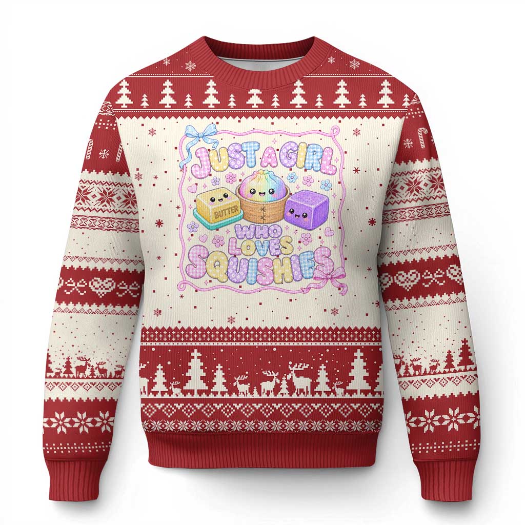 Just A Girl Who Loves Squishies Ugly Christmas Sweater Squishy Lovers Kawaii Dumpling Graphic Coquette Bow Girls TS10 Beige Red Print Your Wear