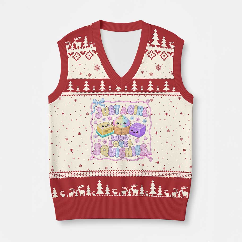 Just A Girl Who Loves Squishies V-Neck Knit Sweater Vest Squishy Lovers Kawaii Dumpling Graphic Coquette Bow Girls TS10 Beige Red Print Your Wear